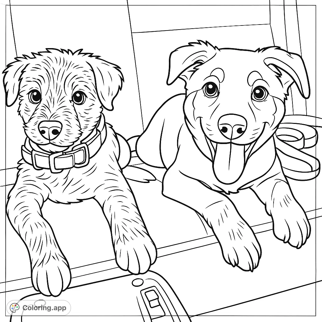 Embark on a delightful journey with this playful puppies coloring page! Featuring two adorable pups in a car, perfect for animal lovers and creative fun.