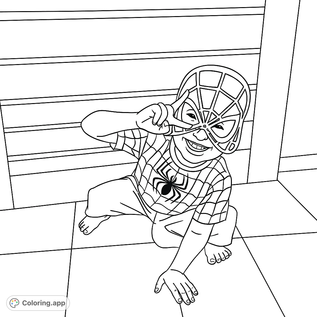 A joyful child in a spider-themed outfit and mask, crouching for playtime. Perfect for young fans of heroes and imaginative adventures.