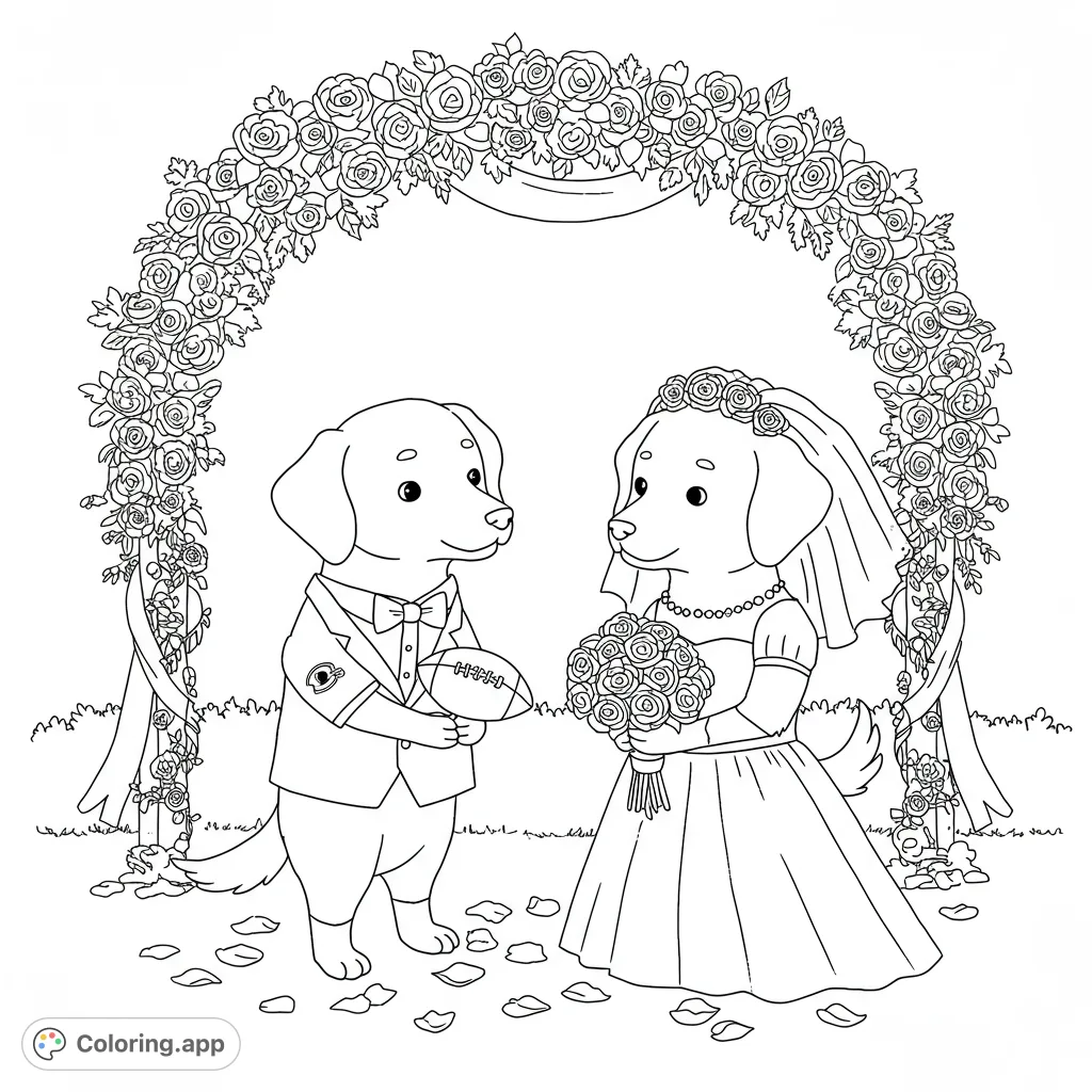 Adorable dog brides celebrate their wedding, one a Steelers fan, the other a Bengals fan, in a charming ceremony scene. A unique free printable.