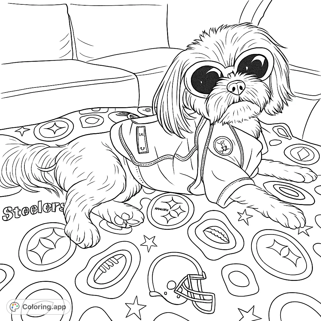 A charming dog wearing cool sunglasses and a sports jersey, relaxing on a patterned blanket. This free printable is perfect for pet lovers!