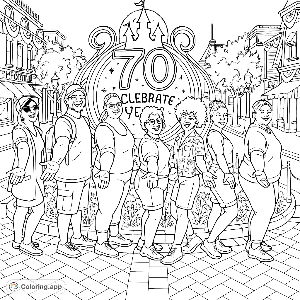 A joyful group poses in front of a grand '70' celebration sign at a bustling theme park, perfect for a fun coloring adventure.