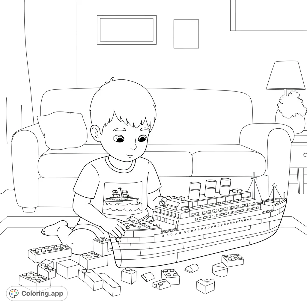 A young boy builds a detailed toy ship, wearing a shirt with a grand ocean liner. Perfect for kids who love building and ships.