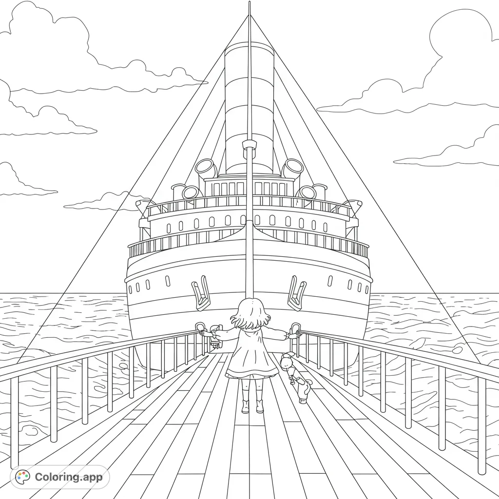 A delightful Titanic ship coloring page featuring two children with outstretched arms on the bow, set against a simple ocean and sky background.