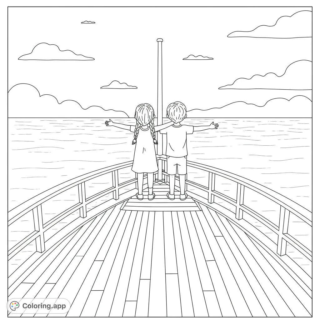 A heartwarming Titanic coloring page featuring a boy and girl with outstretched arms on a ship's bow, set against a simple ocean and sky background. Perfect for kids!