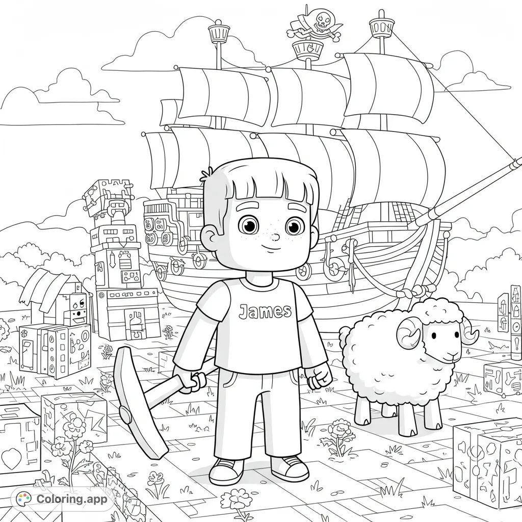 A fun Minecraft coloring page featuring a boy named James with a pickaxe, a blocky pirate ship, and a sheep, perfect for young adventurers.