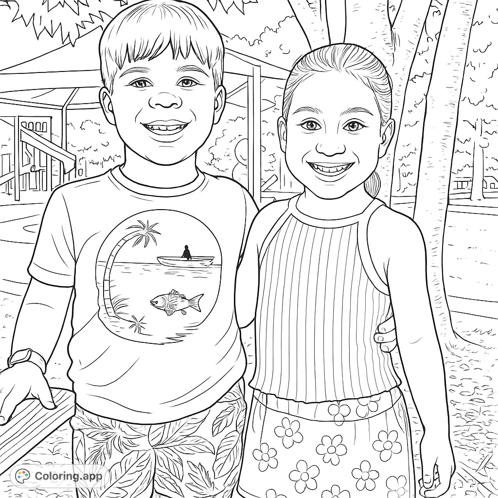 Two smiling children pose outdoors by a tree, ready for a fun coloring adventure. Features a boy with a tropical shirt and a girl with a floral skirt.