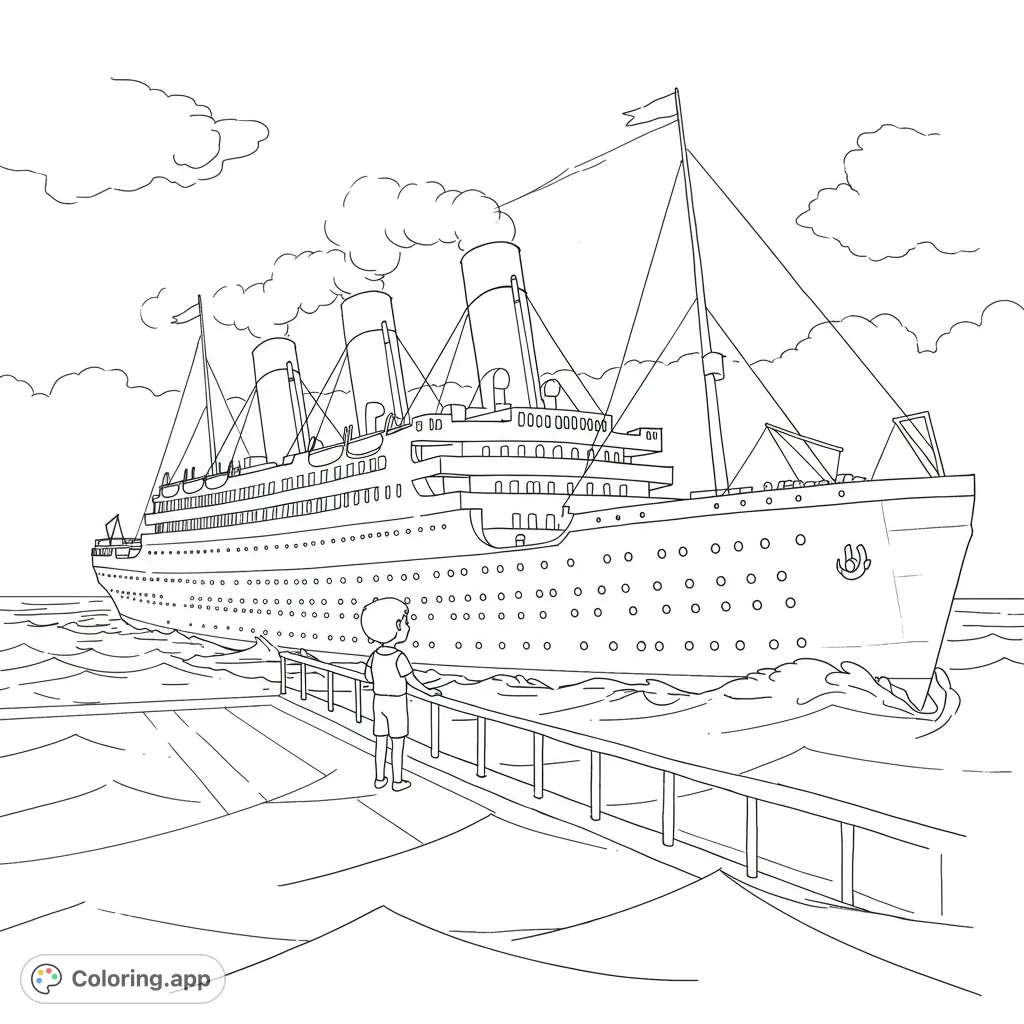 A simple, cartoony Titanic coloring page featuring a young boy on deck, set against an ocean background. Perfect for kids and easy to color.