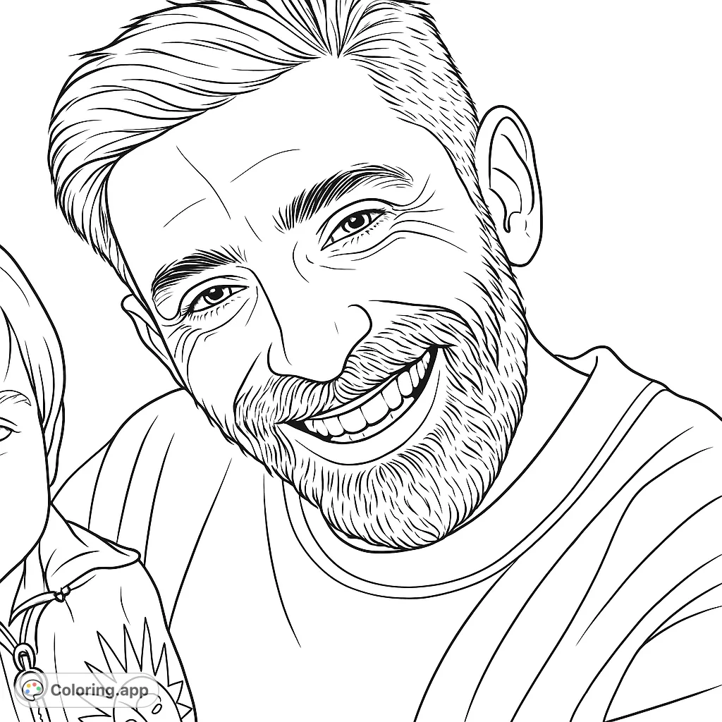 Capture a moment of joy with this smiling man and child portrait coloring page. Features a detailed beard and expressive face.