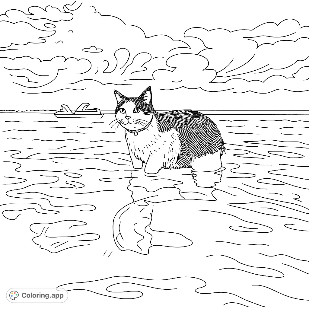 A unique cat coloring page featuring a feline friend standing in water with distant jet skis. Perfect for animal lovers!