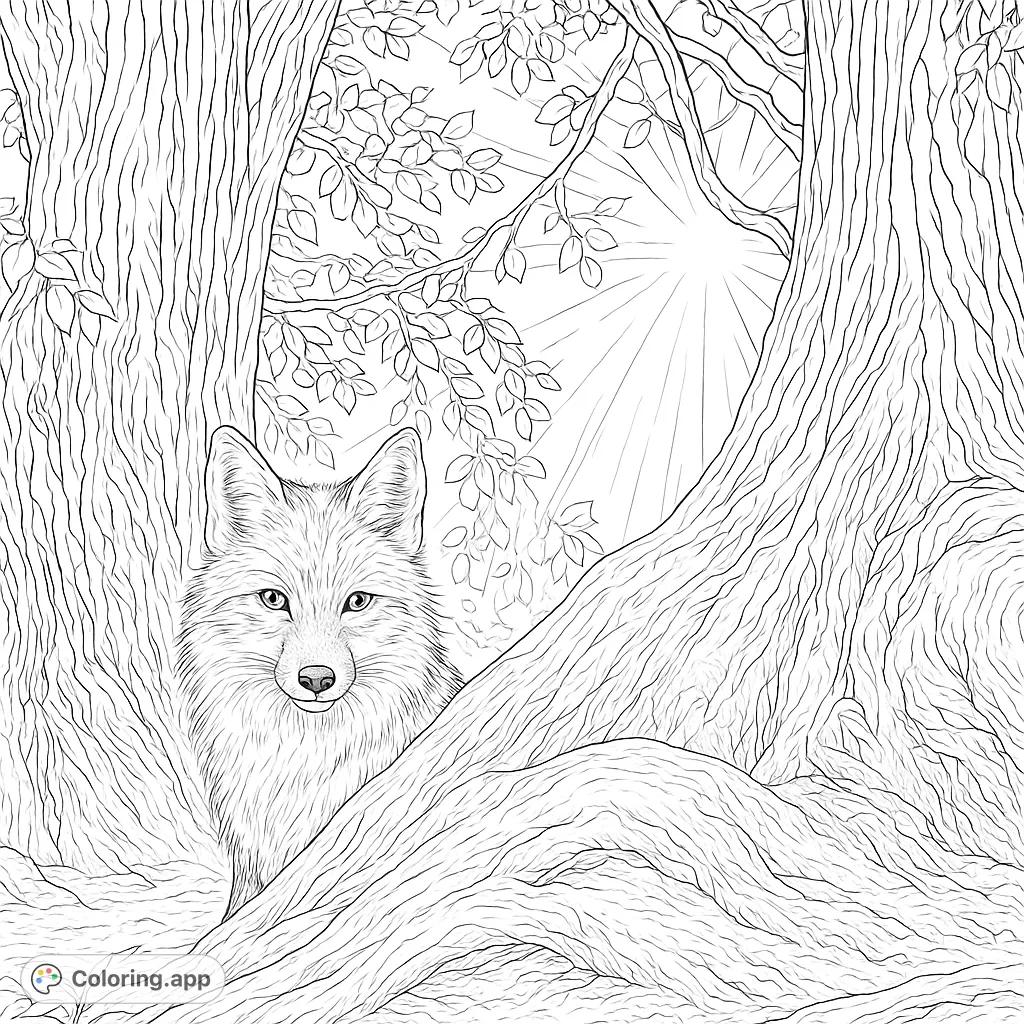 Discover a realistic fox peeking from ancient trees in this detailed forest coloring page. Perfect for adults seeking a zen, nature-inspired escape.