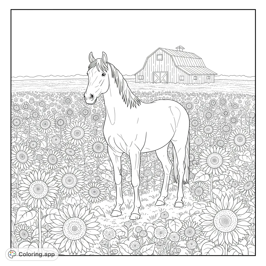 Gallop into creativity with this charming horse coloring page, featuring a majestic horse in a field of sunflowers with a rustic barn.