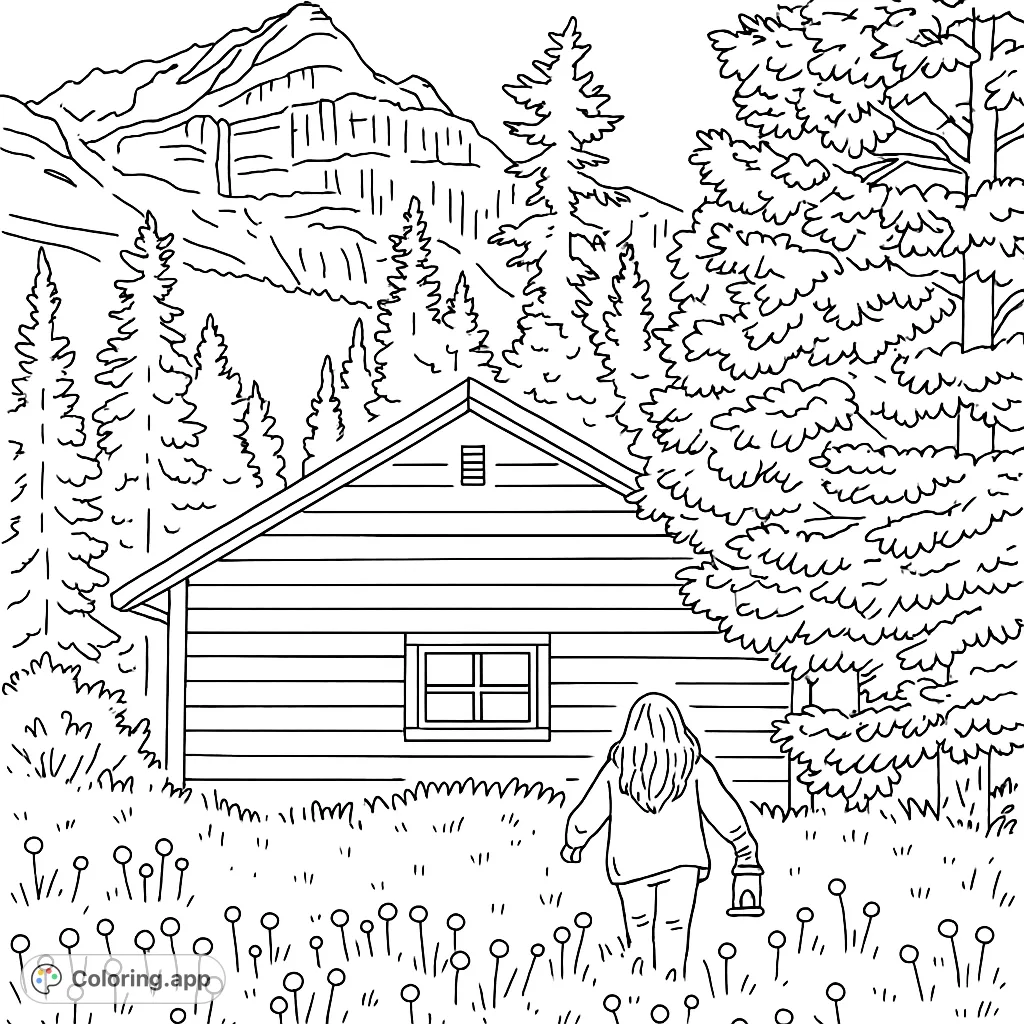Explore a serene mountain landscape featuring a rustic log cabin, towering trees, and a person with a lantern walking through a field of dandelions.
