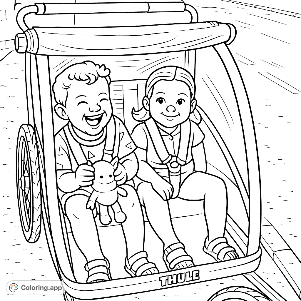 Two joyful children on a fun trailer ride, ready for adventure. A delightful scene for a cartoony coloring page.