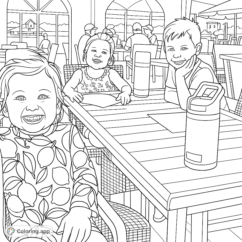 A delightful coloring page featuring three happy children enjoying a meal at an outdoor cafe, perfect for young artists to bring to life with their favorite colors.