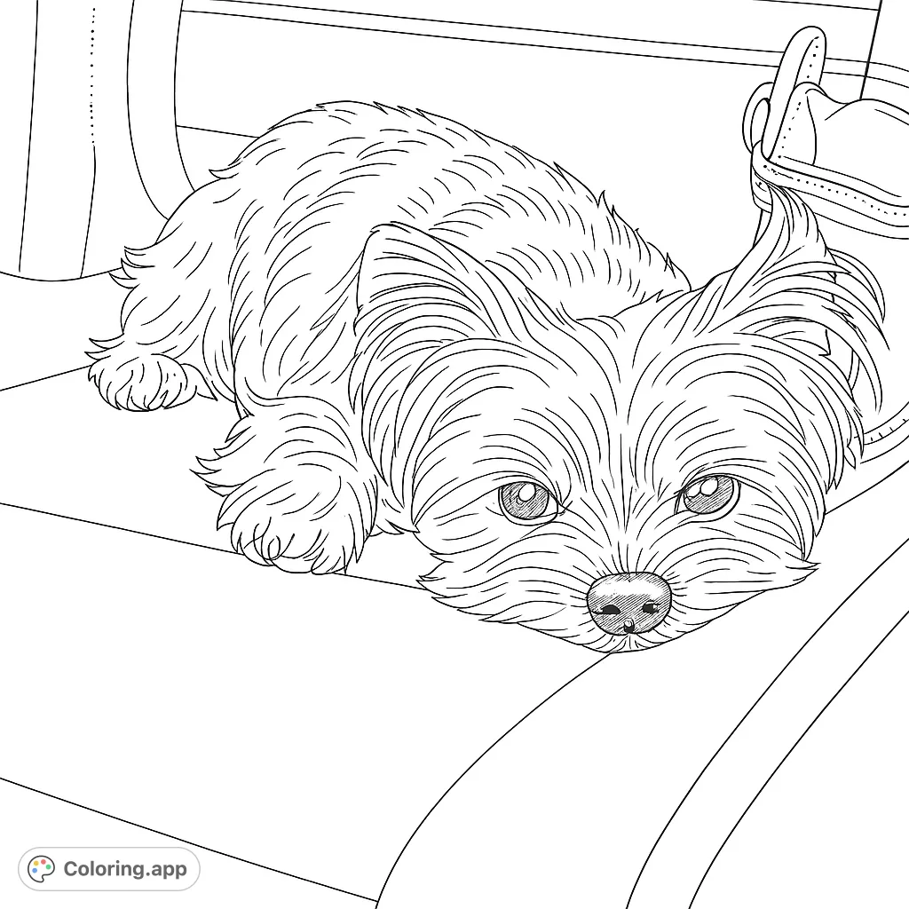 Color a charming Yorkshire Terrier resting on a car seat. Features intricate fur textures and a cozy setting, perfect for pet lovers.