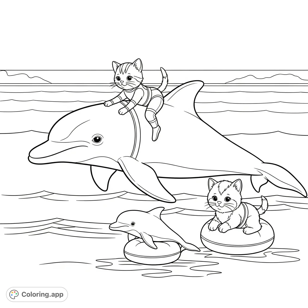 A whimsical ocean adventure coloring page featuring an adult dolphin with a kitten in a gymnastic suit, joined by a baby dolphin and kitten on floaties.