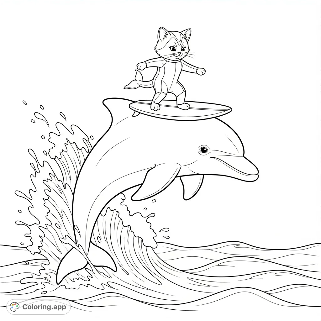 Dive into fun with this captivating dolphin and surfing kitten coloring page. An adventurous kitten in a surf suit rides a wave with its dolphin friend.