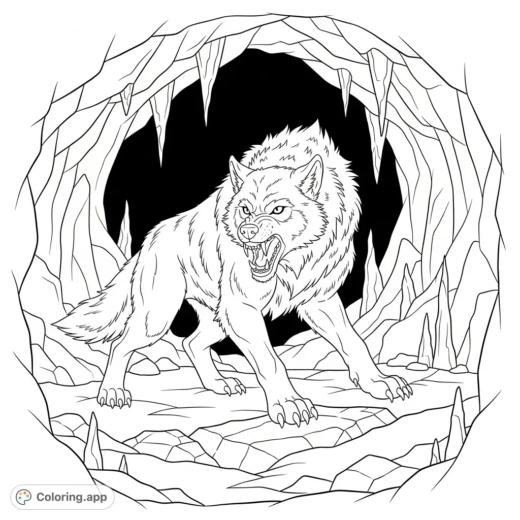 A monstrous wolf growls fiercely within a dark, jagged cave. This thrilling coloring page captures a powerful creature in a mysterious, shadowy setting.