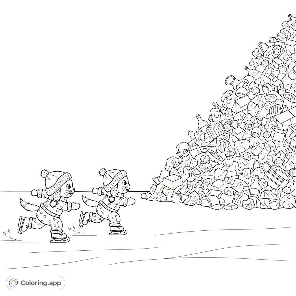 Two playful kittens in hats and snow pants ice skate towards a large, overflowing pile of trash. A whimsical and humorous scene for creative coloring.