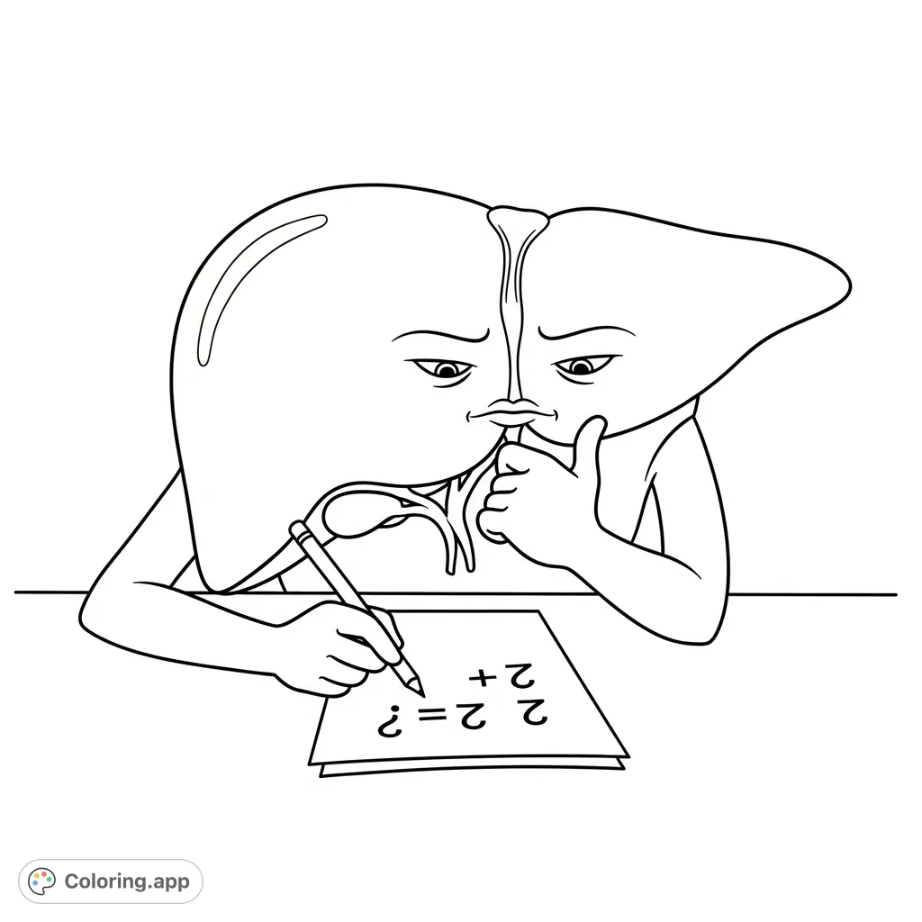 An anthropomorphic liver diligently working on a math problem at a desk, perfect for a unique and educational coloring experience.