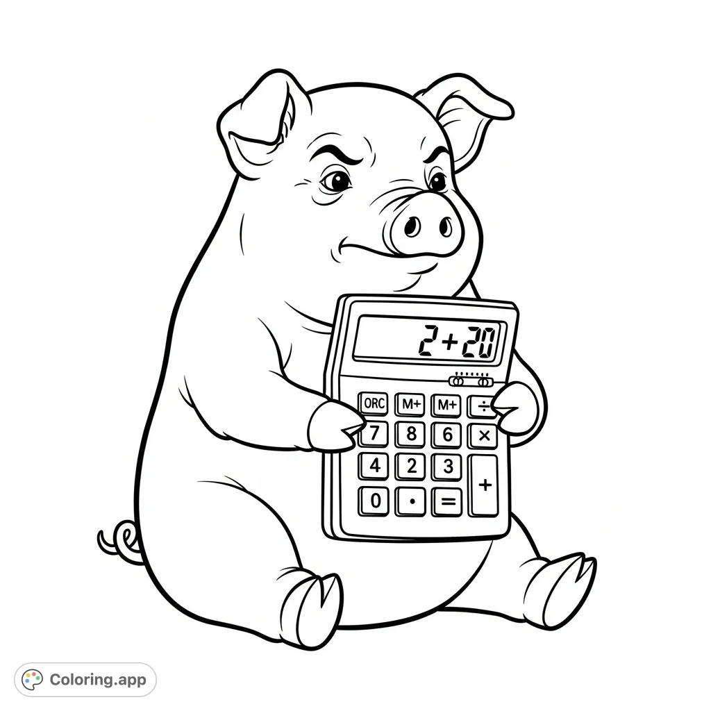 A whimsical pig intently solves '2+2' on a calculator, perfect for a fun and engaging math-themed coloring page. Develop focus and motor skills.