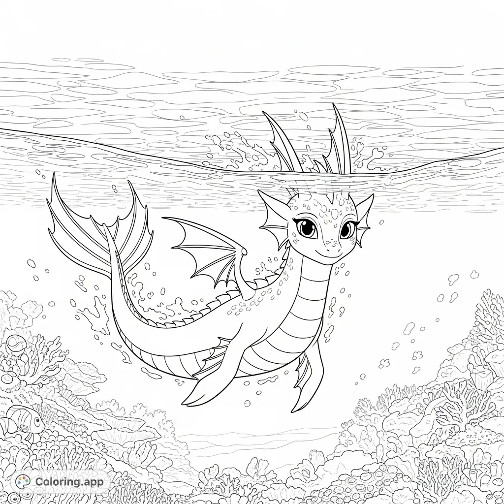 Dive into an exciting Dragon Rescue Riders coloring page featuring Summer gracefully swimming in the ocean, surrounded by marine life and dynamic water.