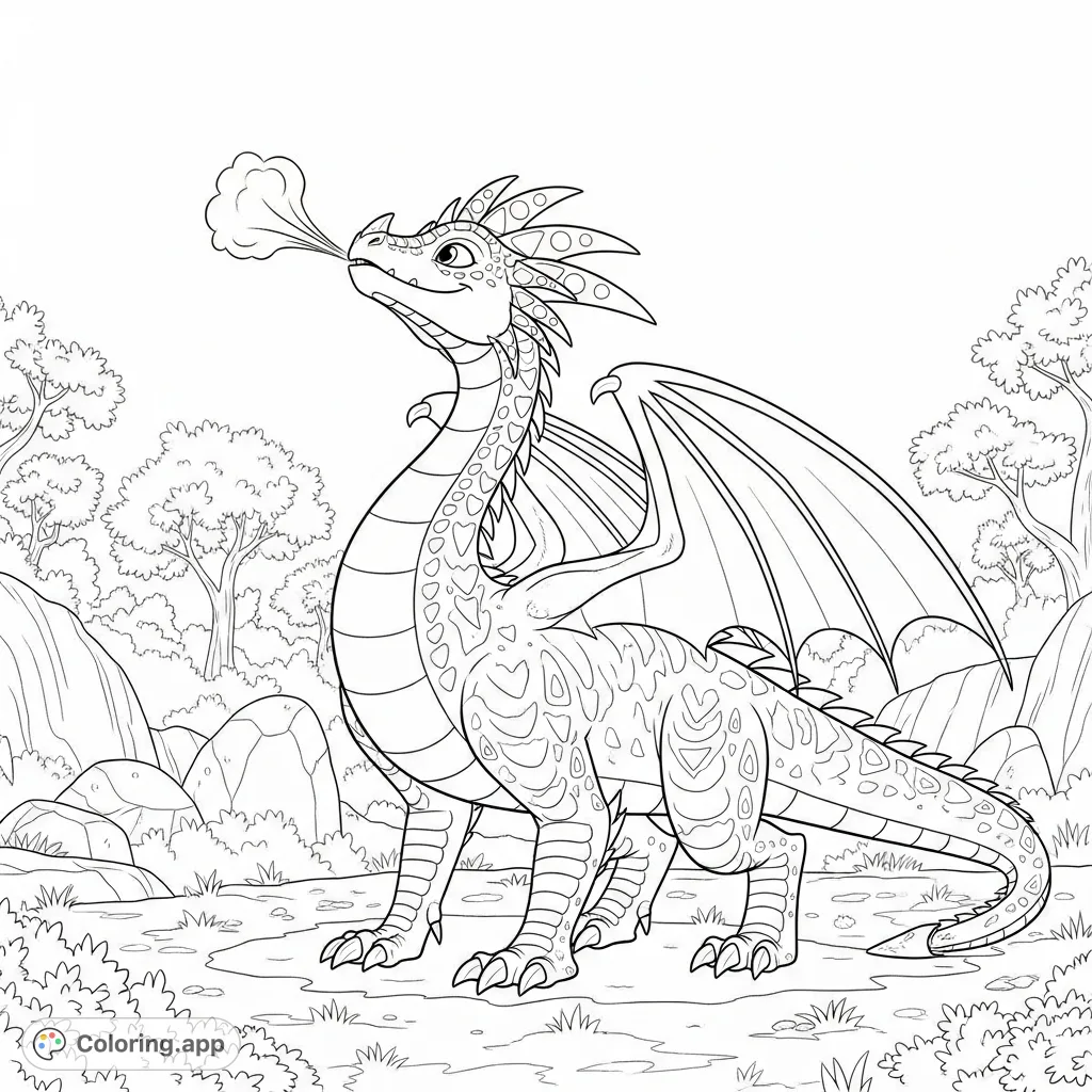 A delightful Dragon Rescue Riders coloring page featuring Summer the dragon playfully expelling air, showcasing her graceful form and distinctive features.