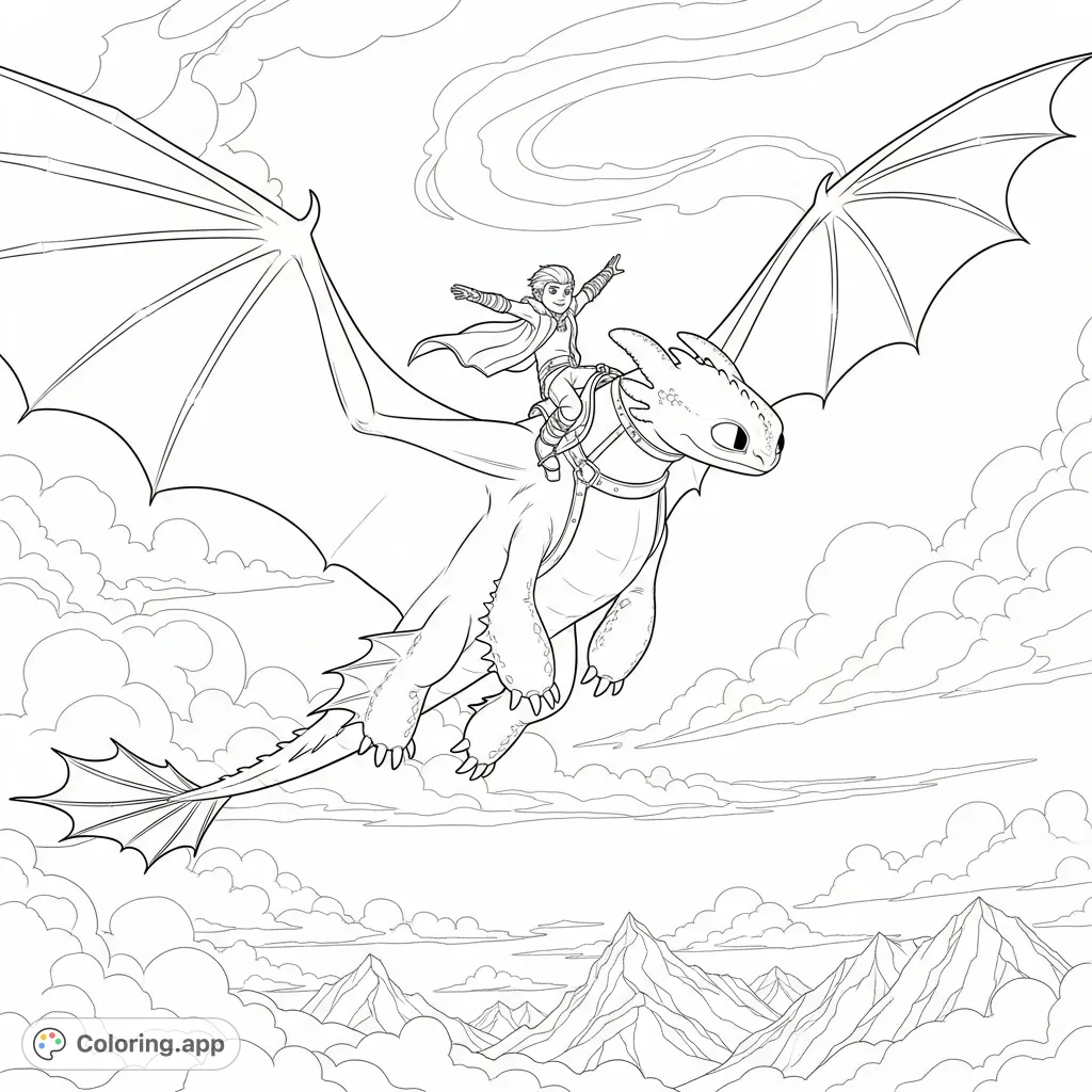 Soar through the skies with Winger from How to Train Your Dragon and Jack as they perform an exhilarating aerial trick amidst swirling clouds and mountain peaks.