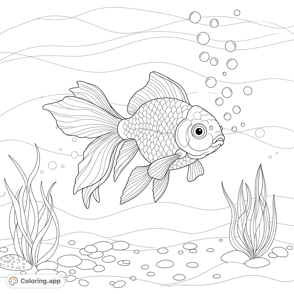Dive into an enchanting goldfish coloring page! A plump goldfish swims amidst ascending bubbles in a serene ocean scene. Perfect for all ages.