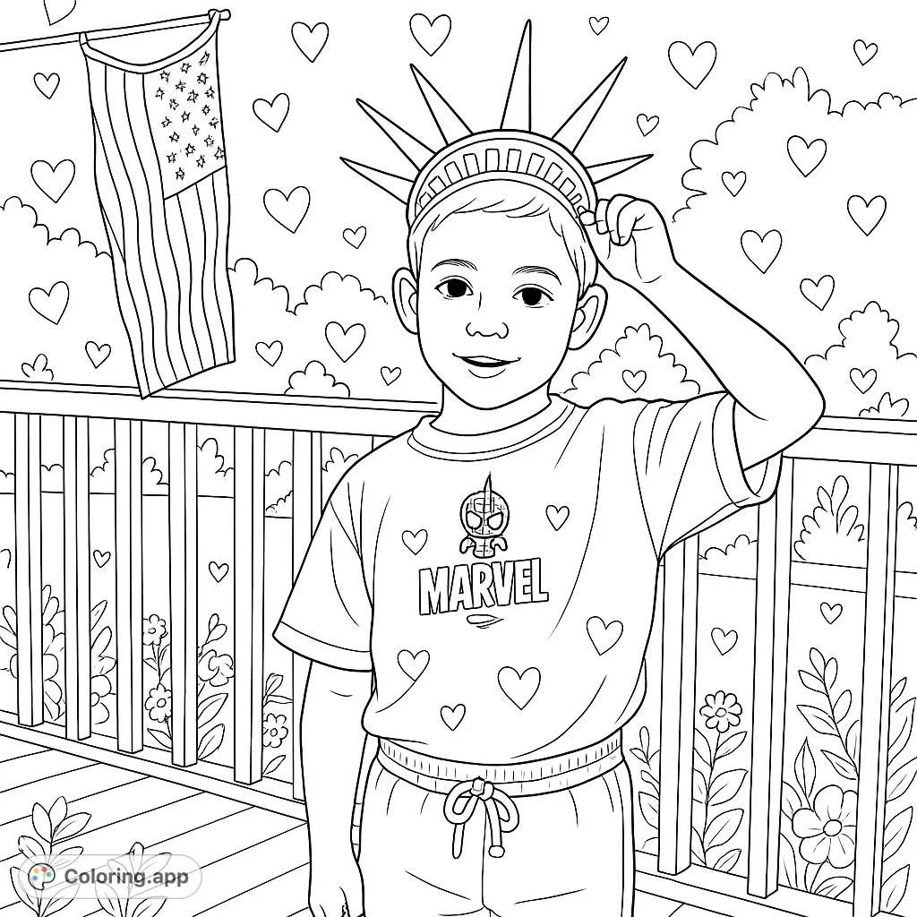 A charming coloring page featuring a child wearing a crown, standing proudly with a flag and decorative heart patterns. Perfect for celebrating freedom and joy.