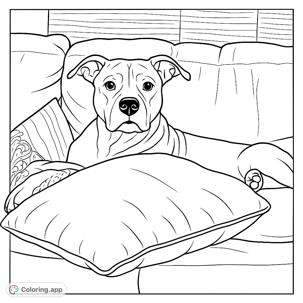 A charming dog relaxes on a plush couch, inviting colorists to bring its loyal presence to life. Perfect for pet lovers and relaxation.