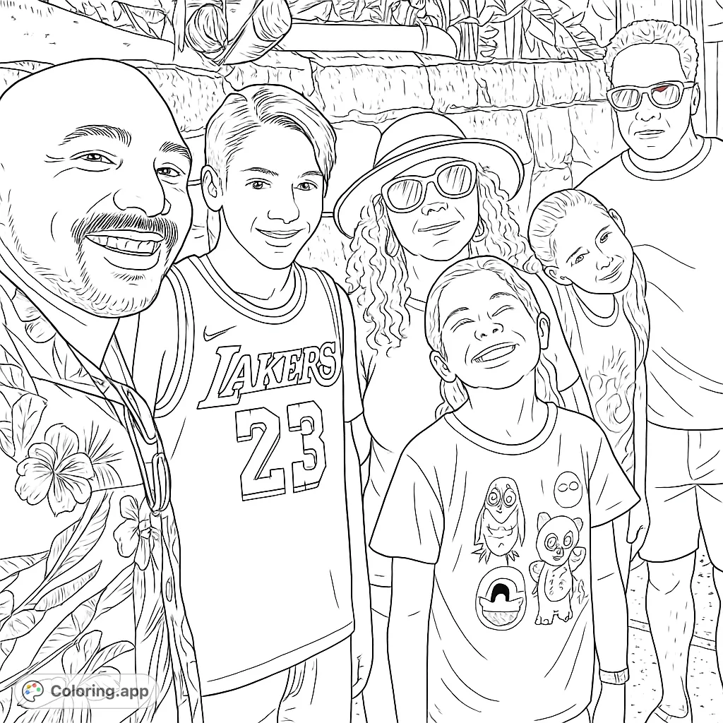 Capture joy with this family group portrait coloring page. Six smiling individuals, dressed in casual attire, pose against a stone wall, perfect for all ages.