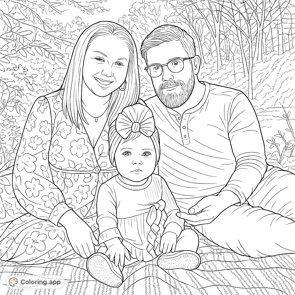 A heartwarming family portrait featuring parents and their baby seated outdoors on a patterned blanket, surrounded by natural foliage.