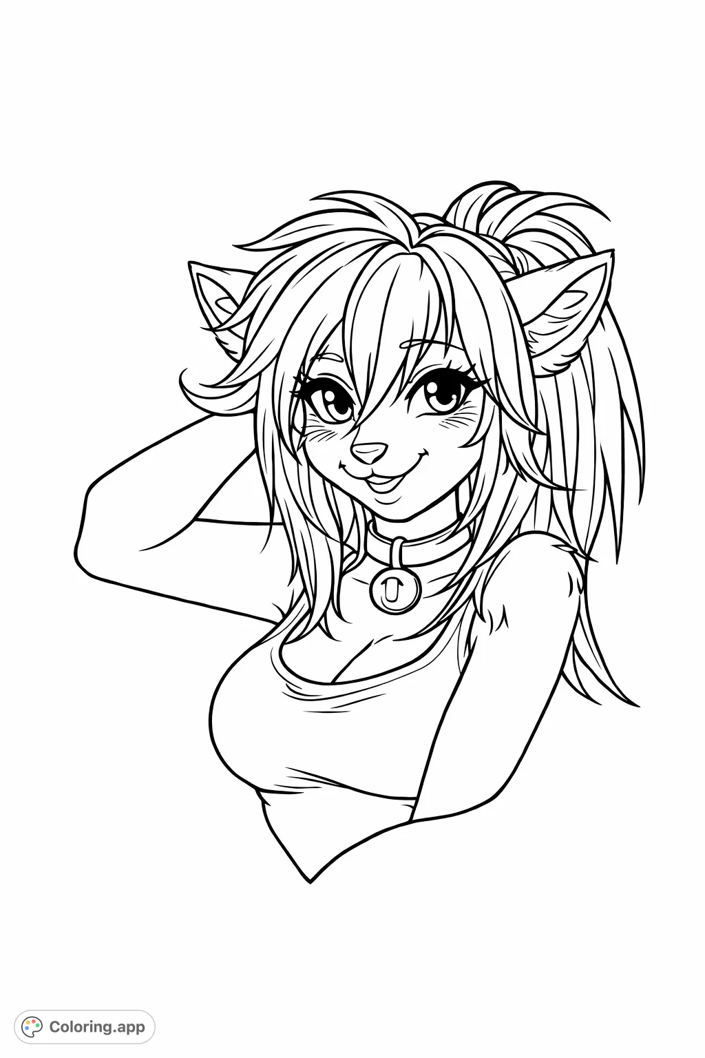 Color an expressive anime character with animal ears and a charming smile. This design features flowing hair, a cute bell collar, and a relaxed pose.