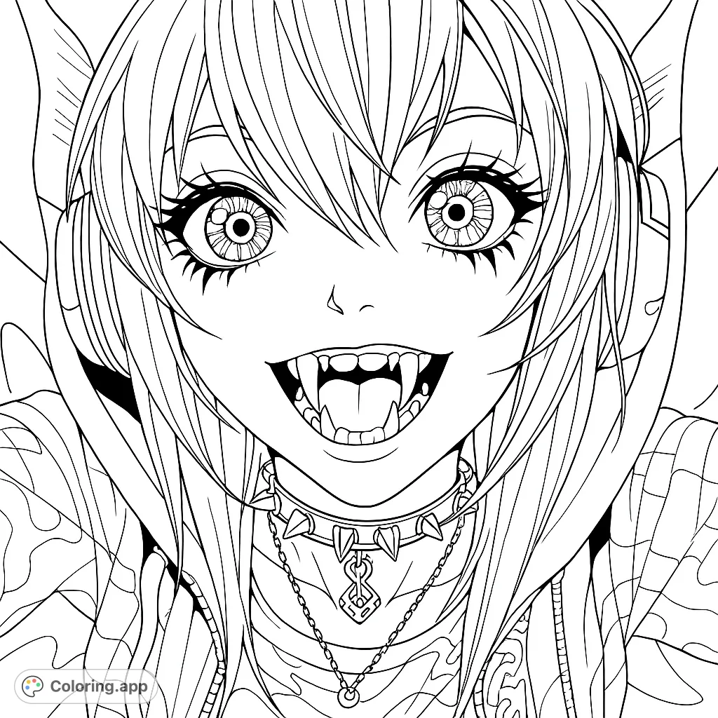 A striking portrait of a fanged character with an expressive smile, detailed accessories, and a mysterious aura. Perfect for fans of gothic or alternative art.