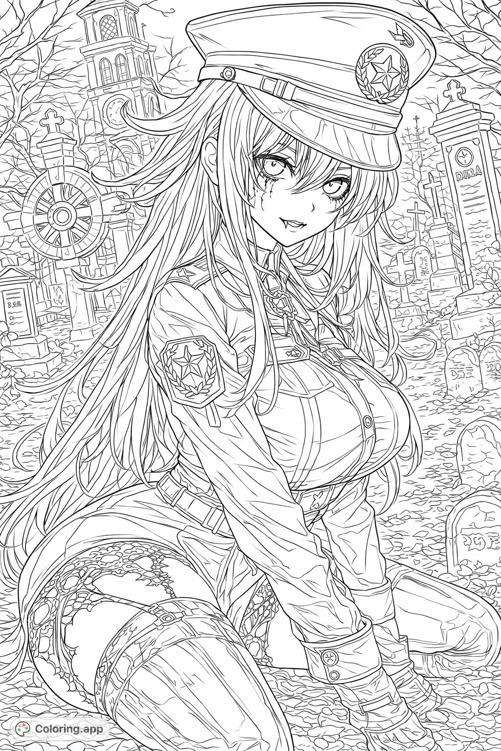 An anime-style gothic commander in a detailed uniform stands in a somber graveyard. Features intricate patterns and a captivating gaze, perfect for detailed coloring.