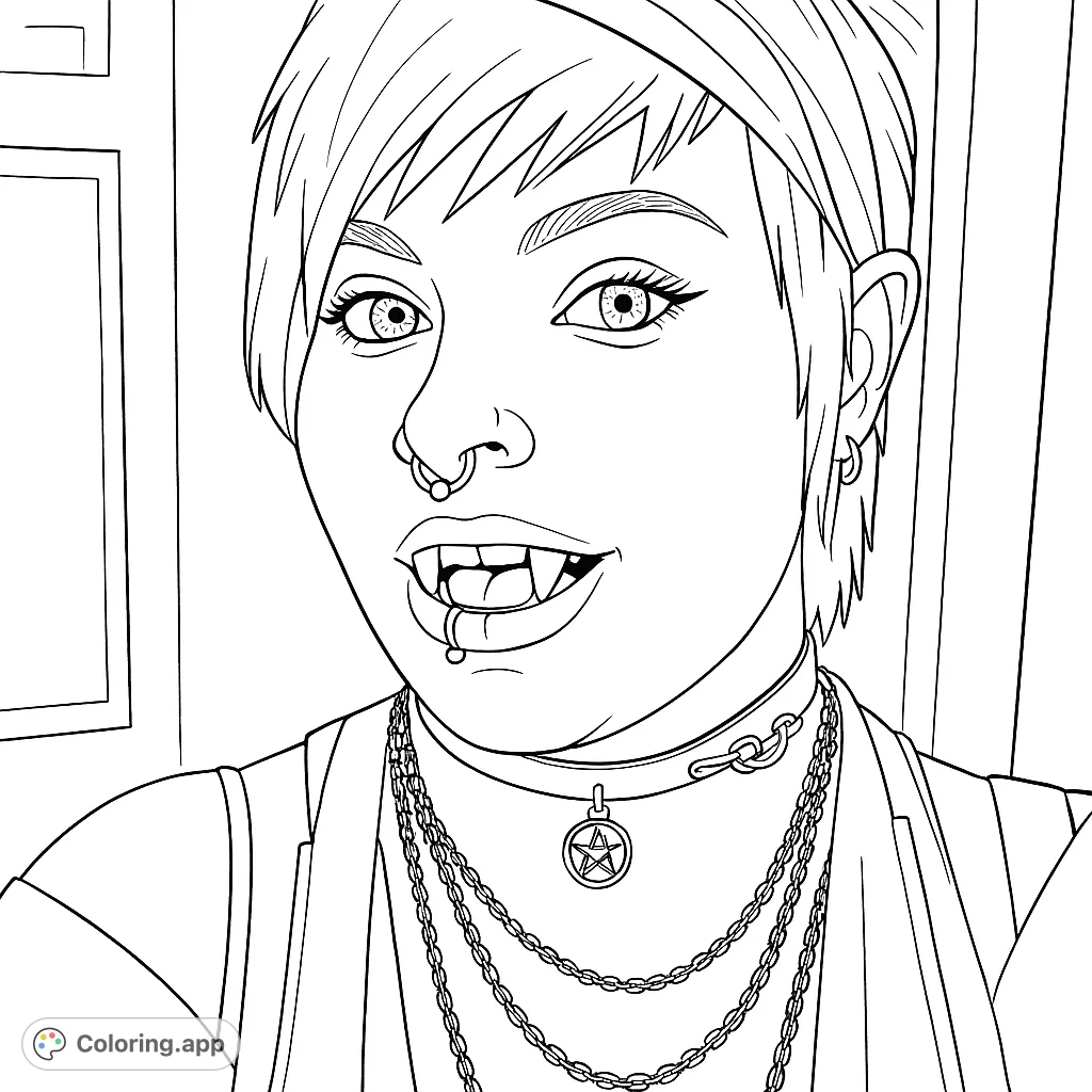 Intriguing portrait of a figure with fangs, dark makeup, and gothic accessories. Perfect for fans of alternative and vampire themes.