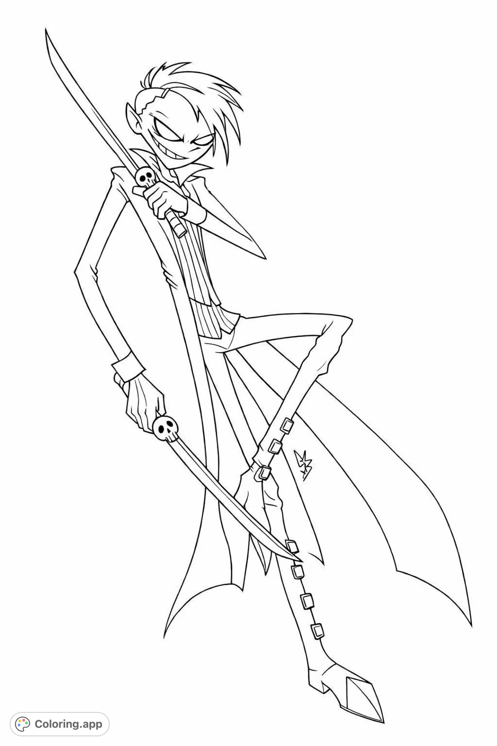 A dynamic gothic-style character with spiky hair, a long coat, and a mischievous grin, wielding two swords with skull-like hilts. Perfect for creative coloring.