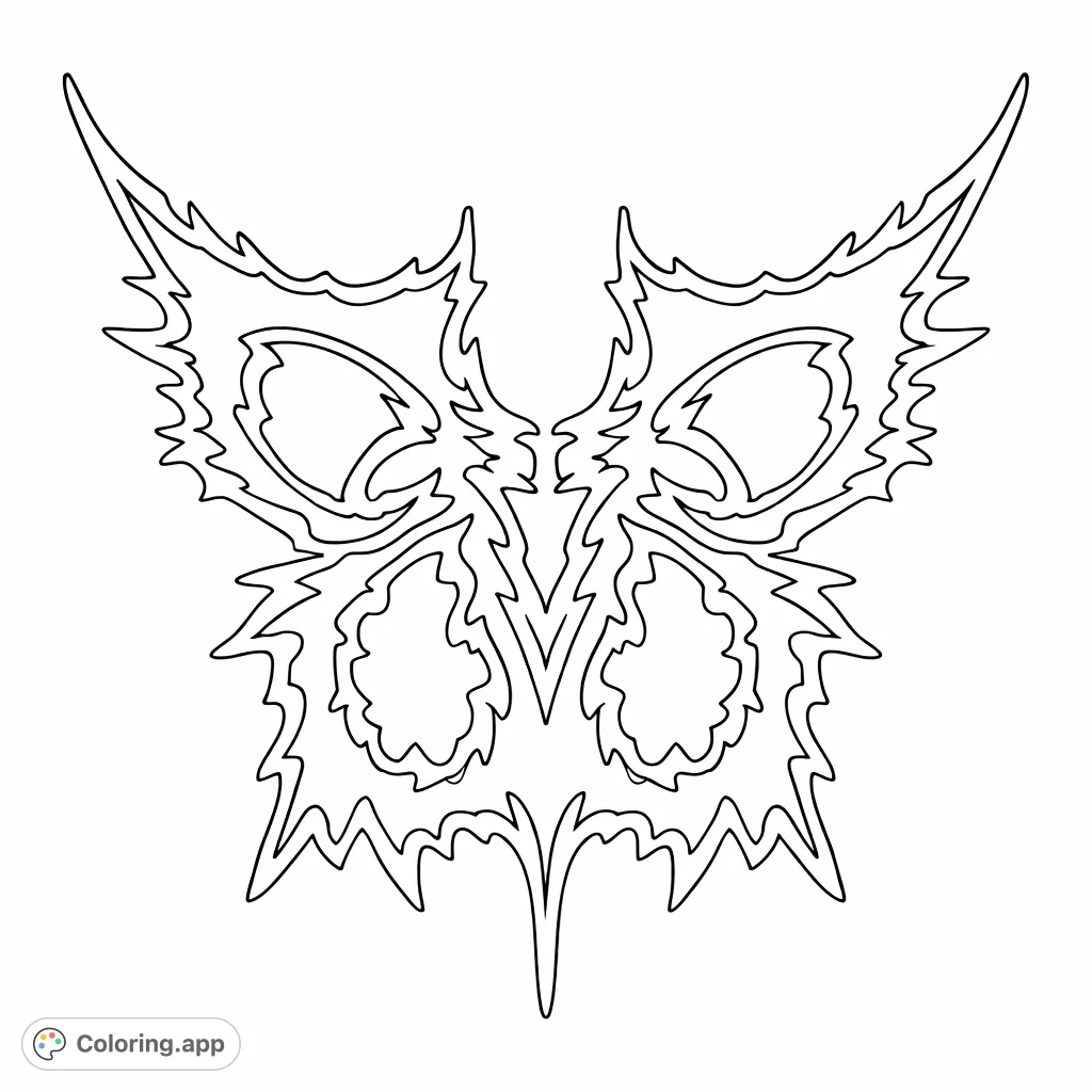 Dive into the intricate details of this symmetrical gothic emblem coloring page, featuring sharp contours and organic patterns for a challenging artistic experience.