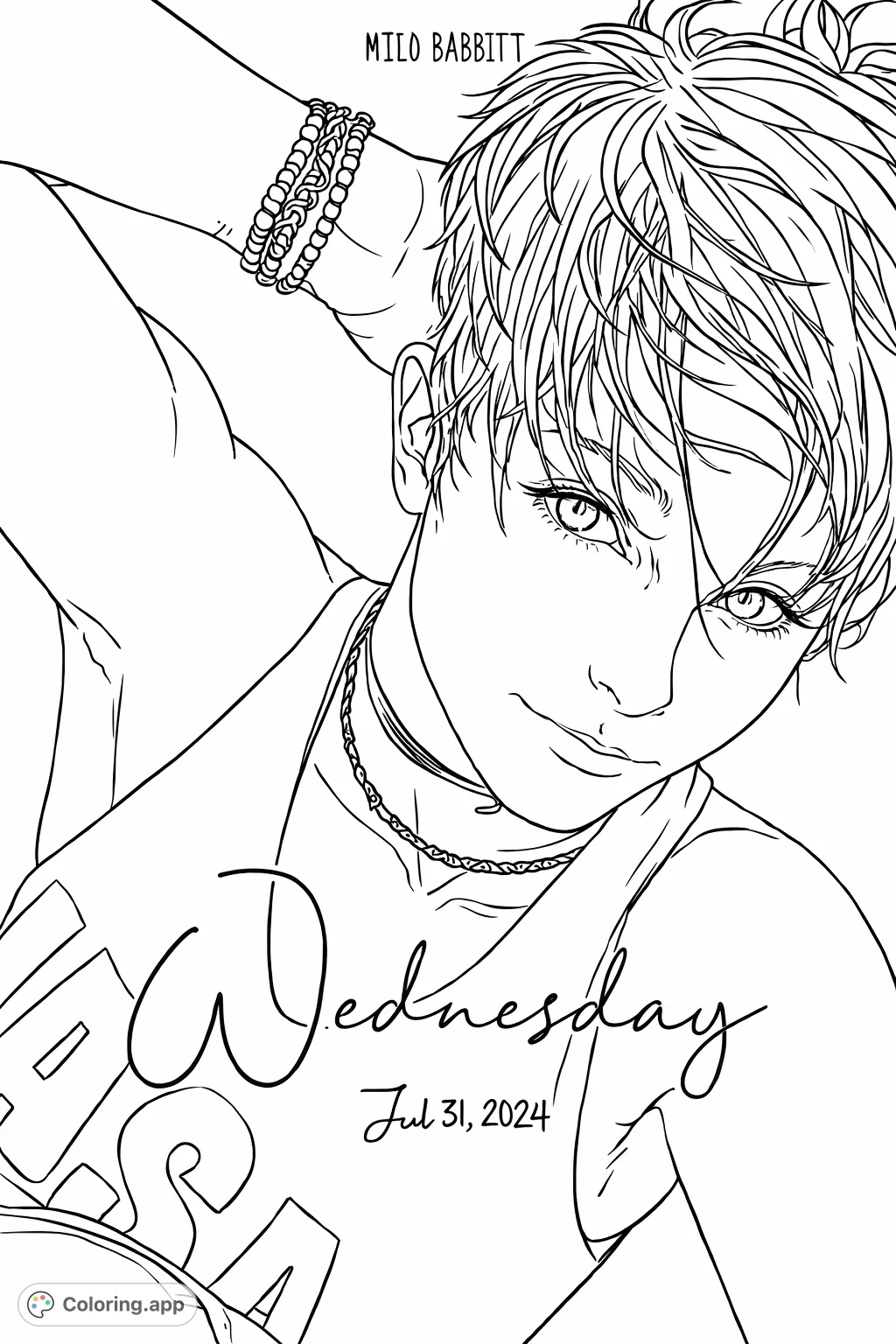 Capture the contemporary style of this detailed portrait coloring page, featuring a person with short hair, a choker, and patterned pillow background.