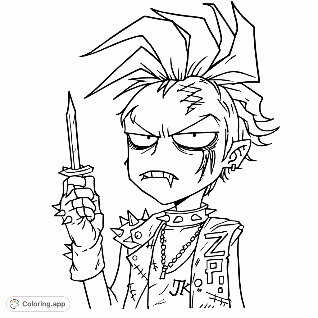 Unleash your creativity on this edgy punk character with spiky hair, studded vest, and a dagger. Perfect for alternative style enthusiasts!