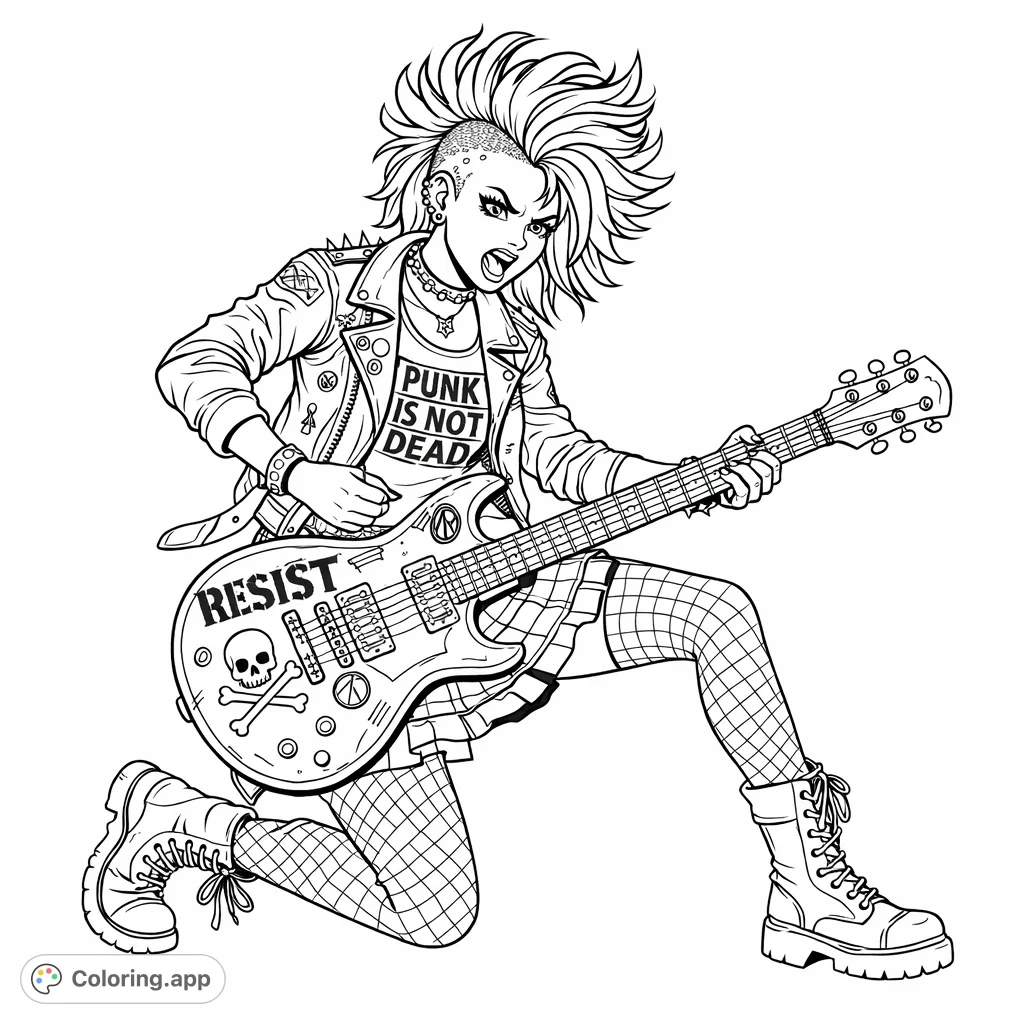 Unleash your creativity with this punk rocker coloring page featuring a cool guitarist with spiked hair, a leather jacket, and a distressed guitar. Perfect for music lovers!