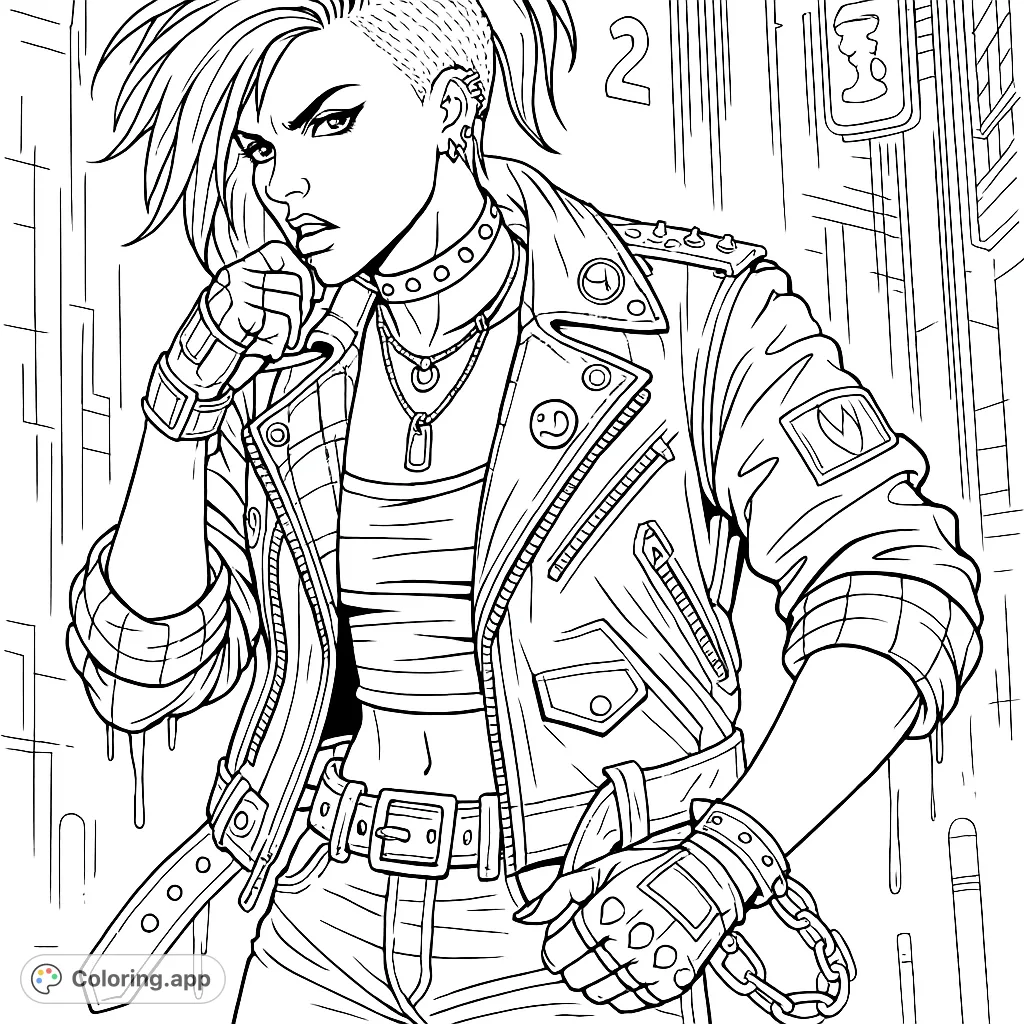 Unleash your creativity with this striking punk-inspired coloring page featuring a detailed character in an urban setting. Express individuality through vibrant hues.