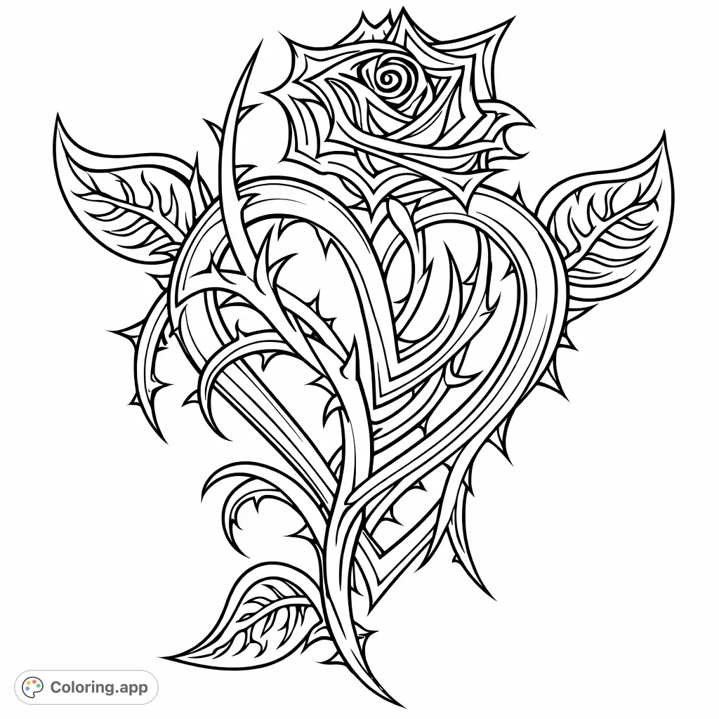 An intricate tribal-style design featuring a heart intertwined with thorny vines and a stylized rose. Perfect for expressing deep emotions through detailed coloring.