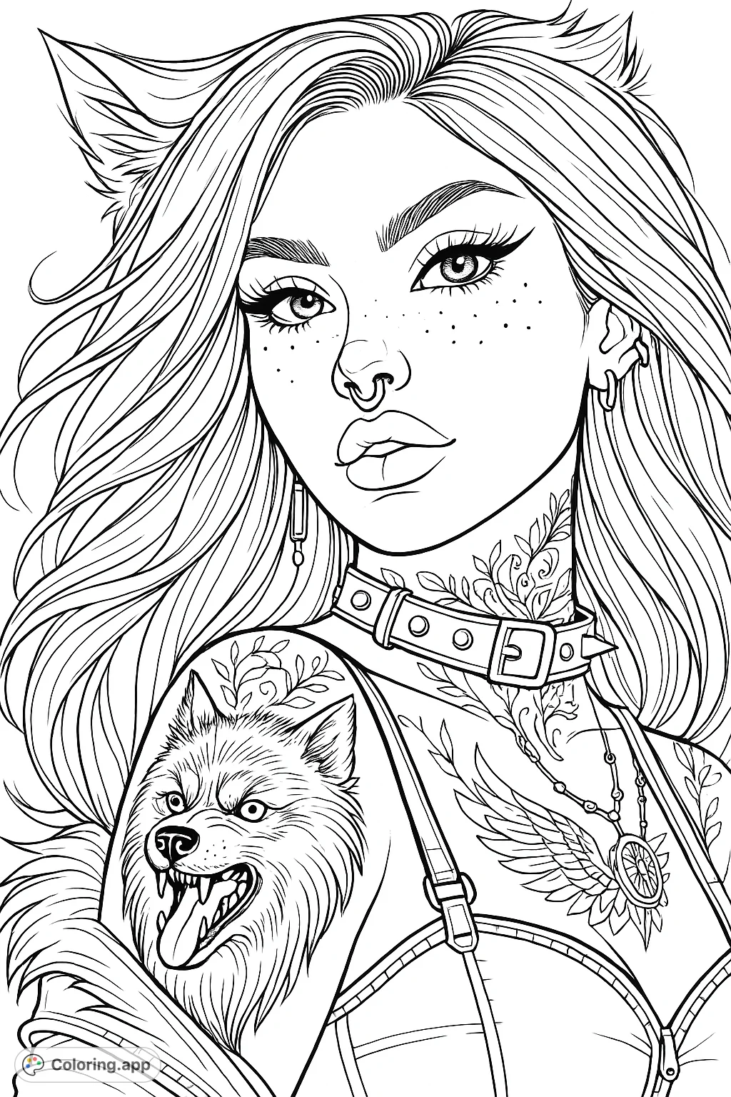 Color this striking portrait of a mystical individual with wolf ears, intricate tattoos, and a fierce wolf companion. Perfect for fantasy and gothic art fans.