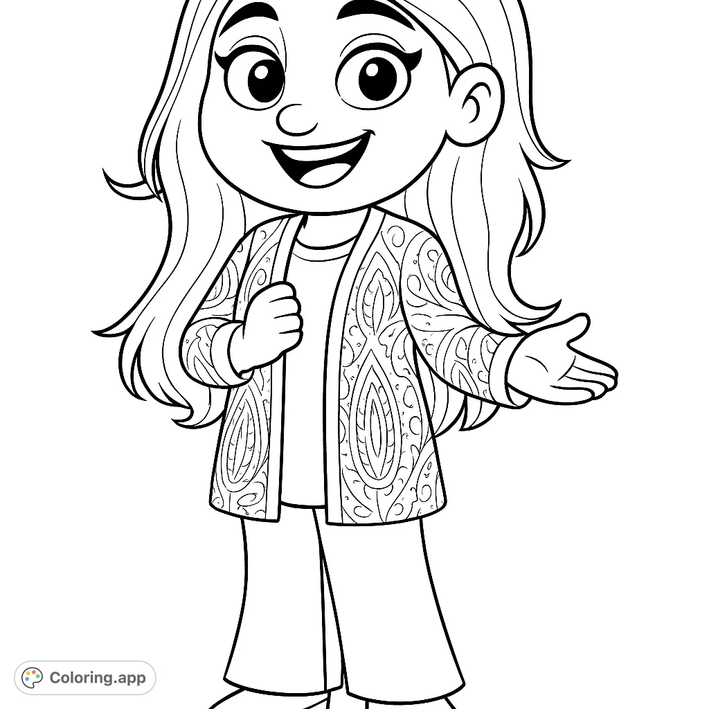 A cheerful character in a beautifully patterned jacket and wide-leg pants, ready to be brought to life with your creative colors.