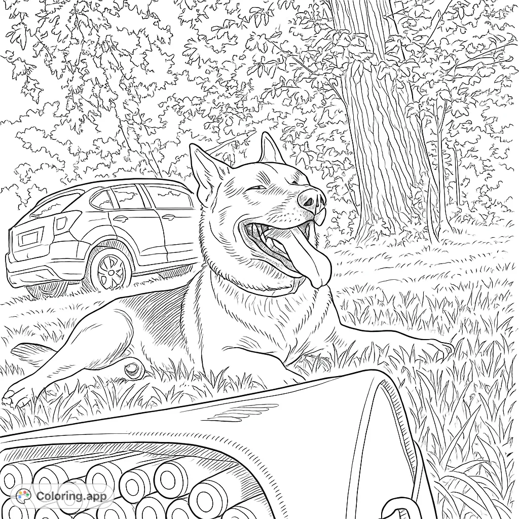 A delightful coloring page featuring a happy dog relaxing in a park setting, with a car and trees in the background. Perfect for animal lovers!