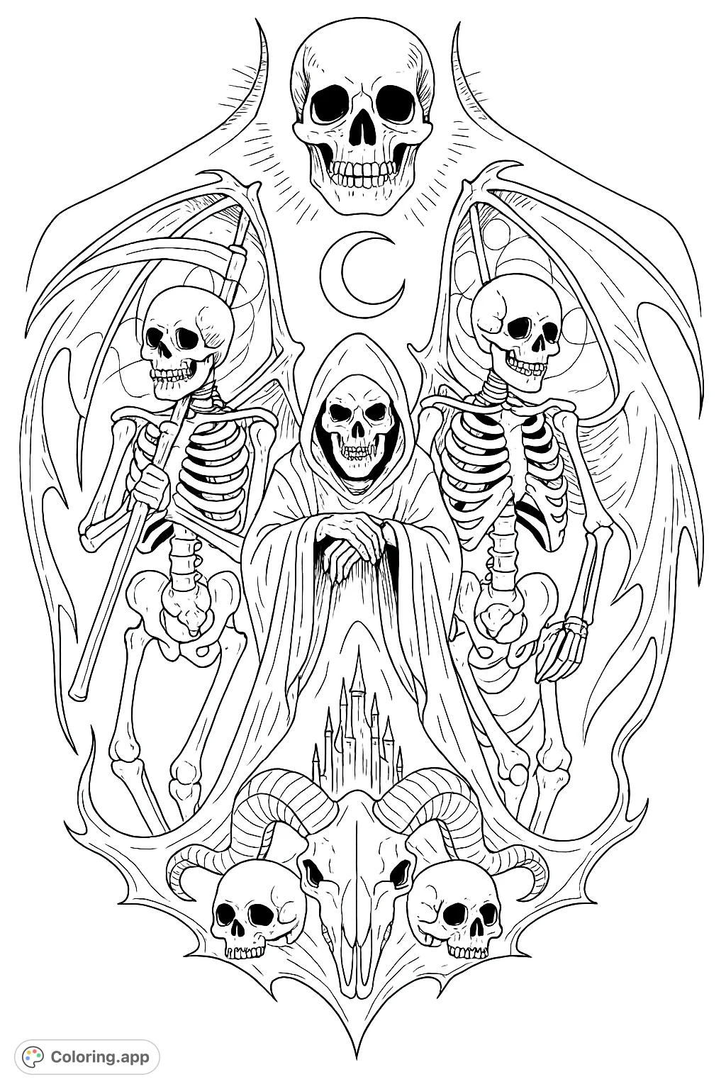 Explore a dark fantasy scene with a hooded reaper, winged skeletons, and multiple skulls, surrounded by intricate gothic details.