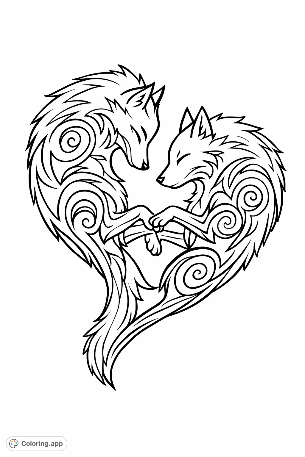 Dive into a unique wolf coloring page featuring two stylized wolves forming a heart with tribal patterns. A symbol of connection and artistic expression.
