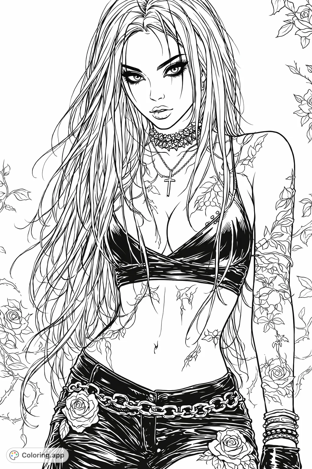 A captivating gothic-inspired woman with long hair, intricate tattoos, and expressive features, offering a detailed and engaging coloring experience.